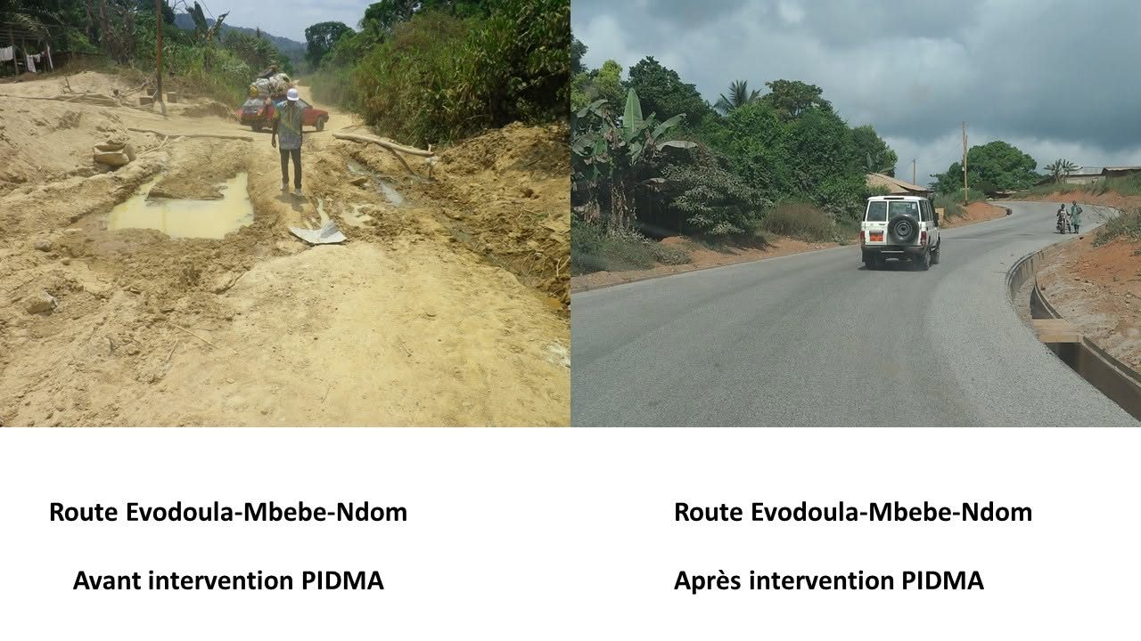 Route Evodoula–Mbebe–Ndom : avant / après le PIDMA